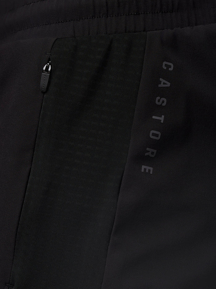 Close-up of waistband and zip pocket on black Apex Training Shorts with a Castore branded zipper pull.
