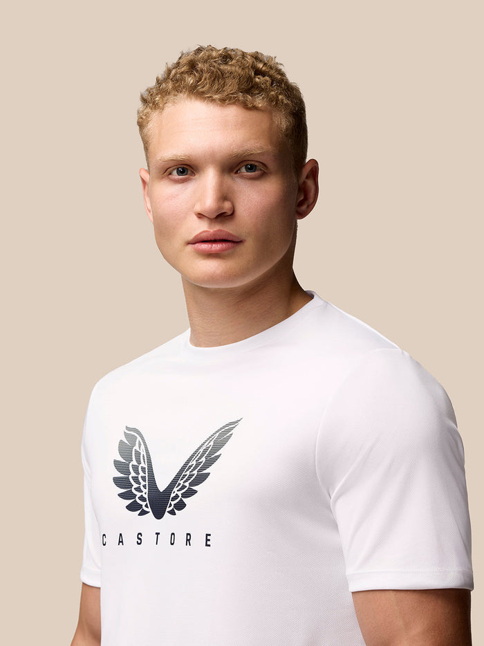 White Adapt Training T-Shirt close-up showing the Castore wing graphic on the chest.