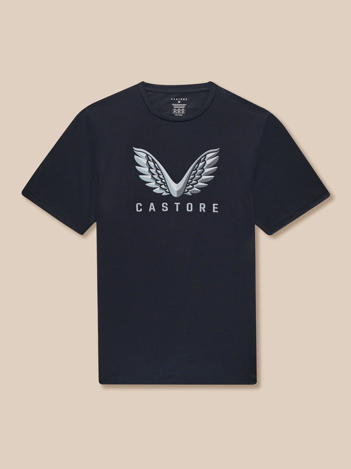 Navy graphic T-shirt with silver wing logo and CASTORE branding centered on the chest