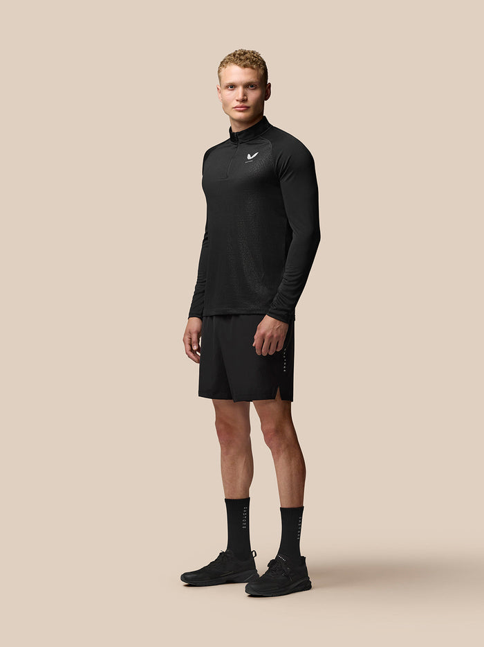 Male model in black Adapt Print Quarter Zip Top with stand collar and geometric pattern