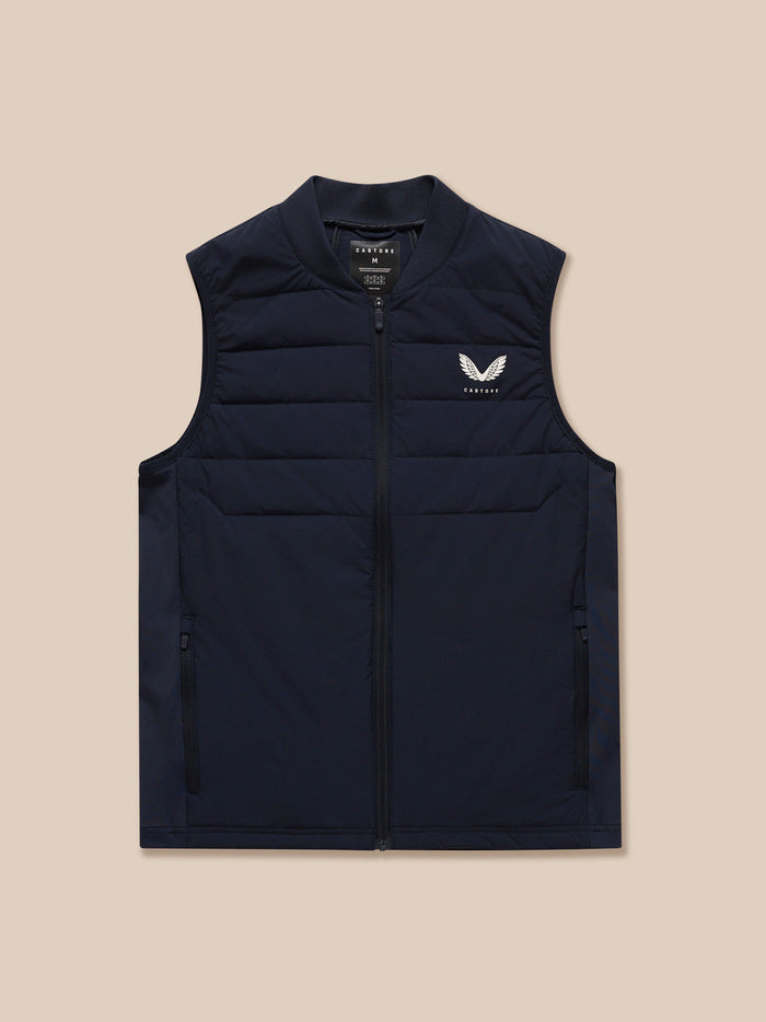 Navy Apex Training Gilet sleeveless quilted vest with zipped side pockets Castore chest emblem and ProTek branding at the back