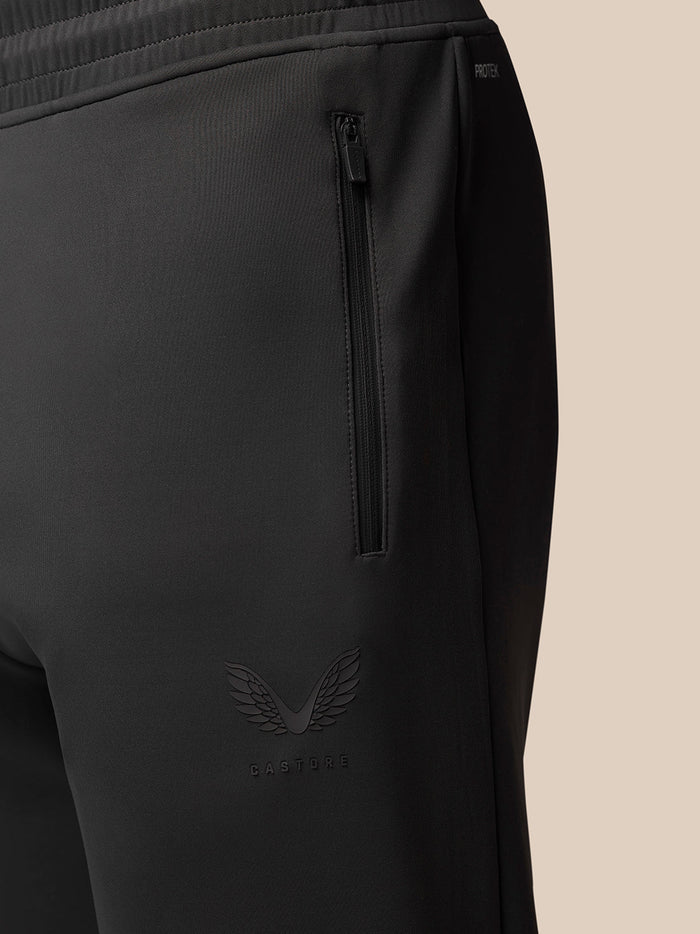 Close-up of a side zip pocket and Castore logo on Charcoal Flex Joggers