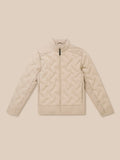 Mushroom beige padded jacket with a zip front and quilted panels against a pale beige background.
