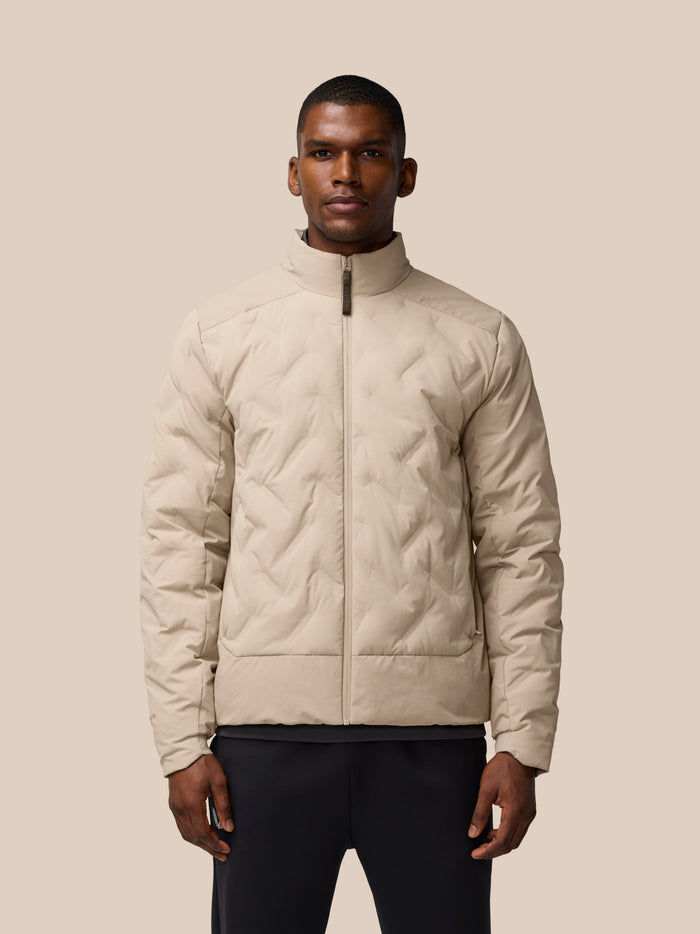 Beige Mushroom Padded Jacket with stand collar and zip front worn by a model