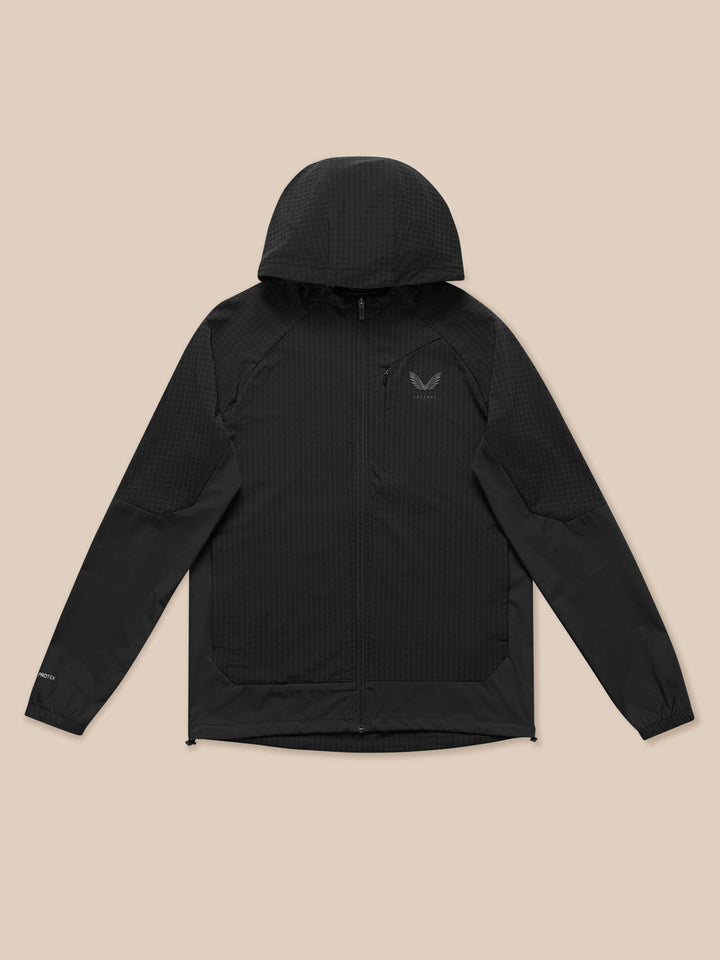 Flex Winterised Jacket black laid flat with hood, full front zip and zip pockets, Castore and Protek branding visible
