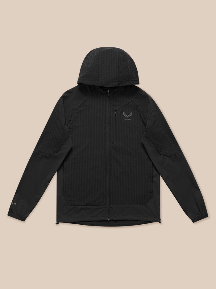 Flex Winterised Jacket black laid flat with hood, full front zip and zip pockets, Castore and Protek branding visible