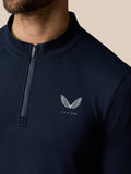 Close up of navy Zone Training top with ¼ zip collar and chest logo.