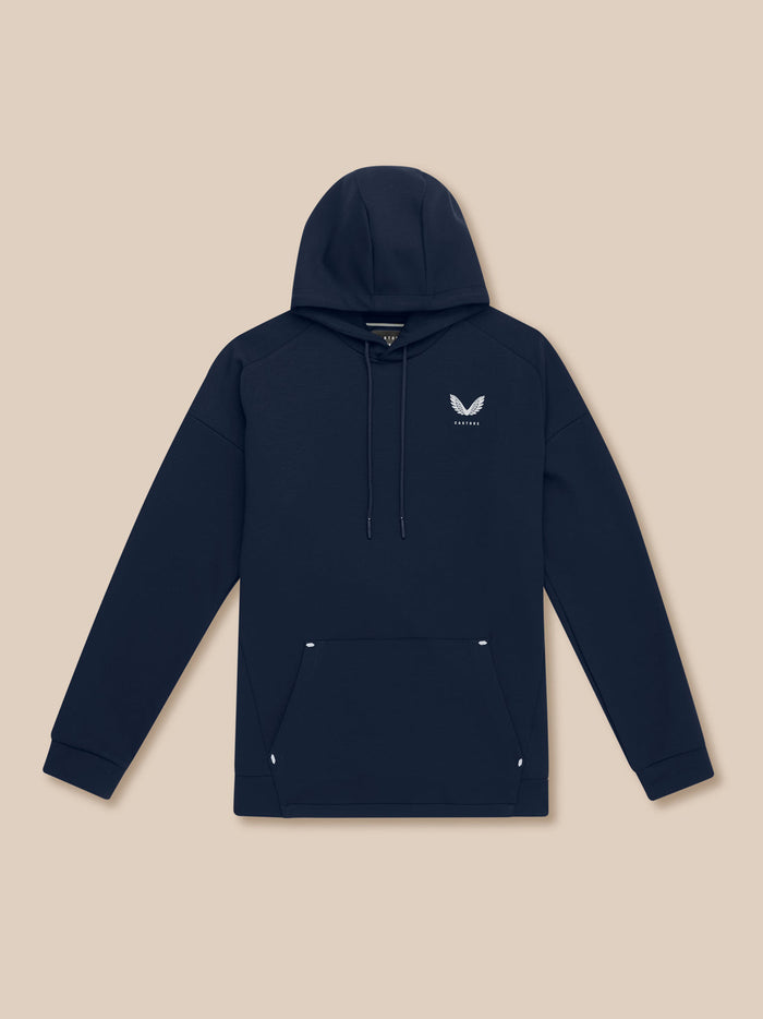 Front view of navy men's Travel Lifestyle Hoodie with adjustable drawcord hood and left chest branding
