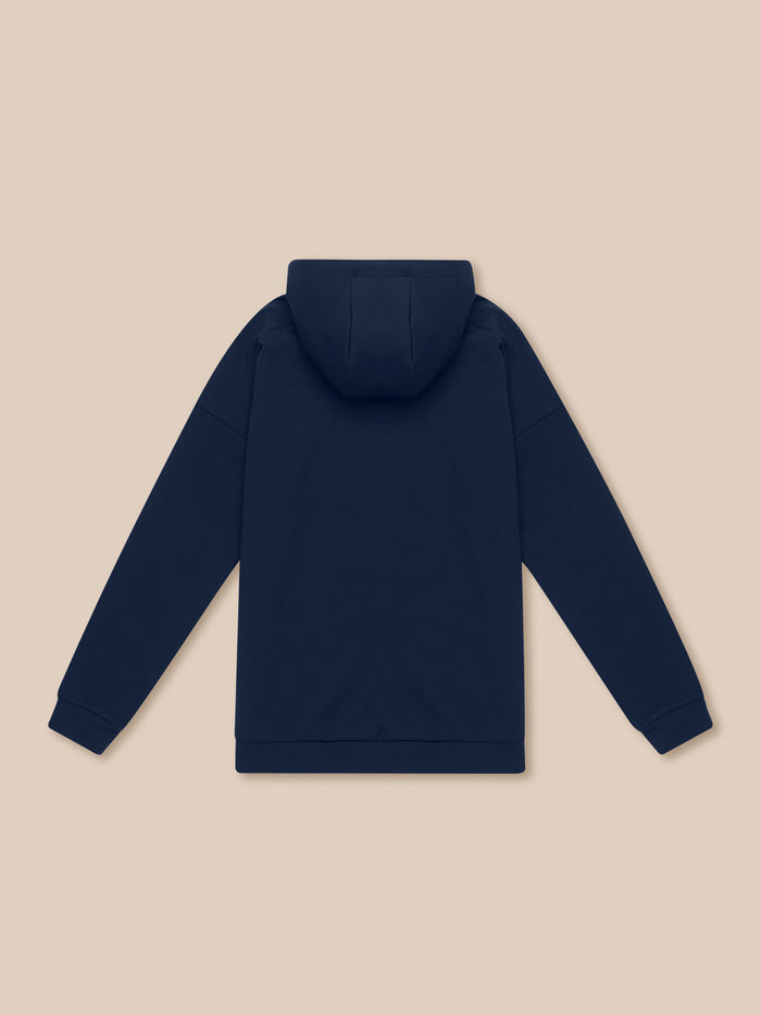 Back view of navy men's Travel Lifestyle Hoodie showing the hood and clean back panel
