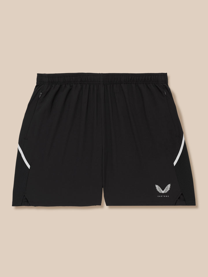 Black Apex Training 6 inch shorts with side zip pockets mesh panels and white side trim Castore logo at lower right
