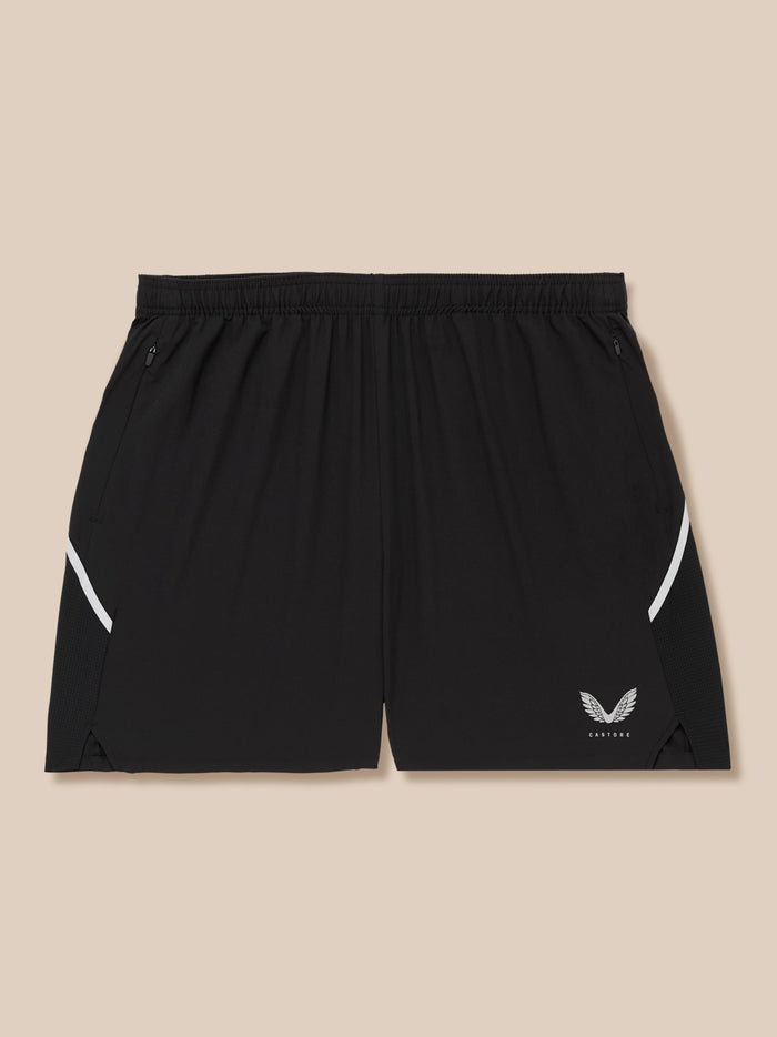 Black Apex Training 6 inch shorts with side zip pockets mesh panels and white side trim Castore logo at lower right