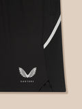 Close up of black Apex Training 6 inch shorts fabric showing a white diagonal stripe and the Castore wing logo.