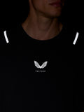 Close up of gunmetal Apex Training T Shirt chest area showing the Castore logo and reflective shoulder strips.