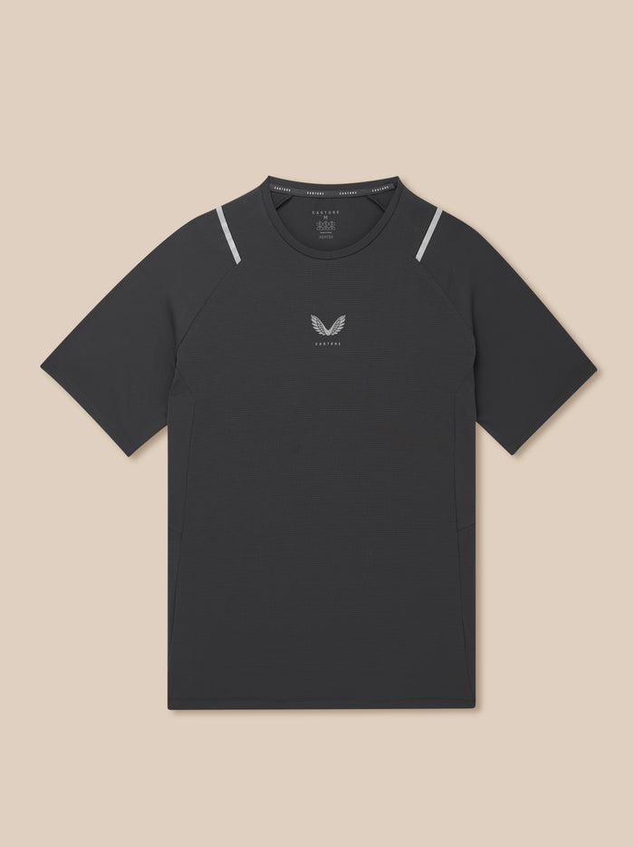 Dark gunmetal Castore Apex Training T-Shirt with reflective shoulder details and center chest logo