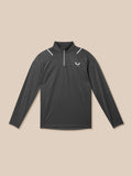 Charcoal Apex Training Winterised 1/4 zip top shown from chest up with reflective shoulder trim and logo.