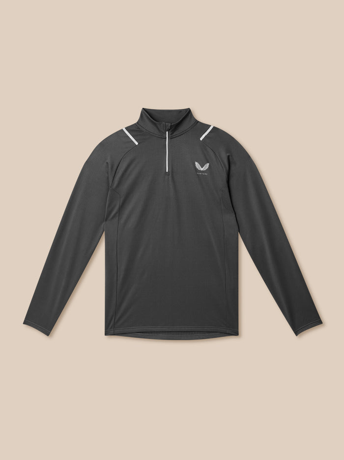 Charcoal Apex Training Winterised 1/4 zip top shown from chest up with reflective shoulder trim and logo.