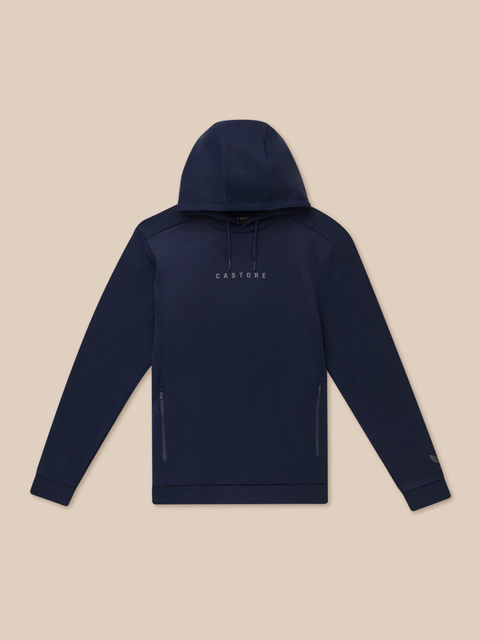 Navy Flex Lifestyle Thermo Hoodie front view with hood and Castore logo on the chest