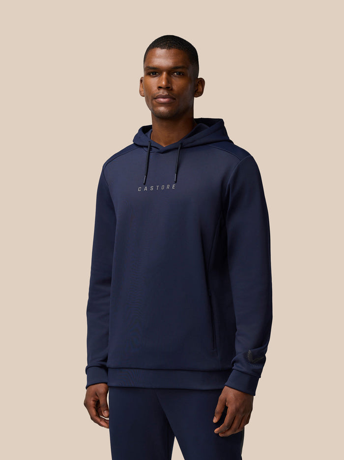Front view of navy Flex Thermo Hoodie with centered Castore logo on chest and drawstring hood