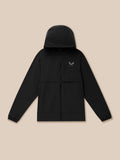 Front view of black Flex Winterised Woven Jacket with hood and full-length zipper, featuring textured lower panels