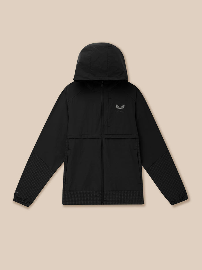 Front view of black Flex Winterised Woven Jacket with hood and full-length zipper, featuring textured lower panels