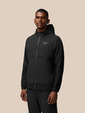 Front view of black Flex Winterised Woven Jacket with hood and full zip, left chest Castore logo visible.