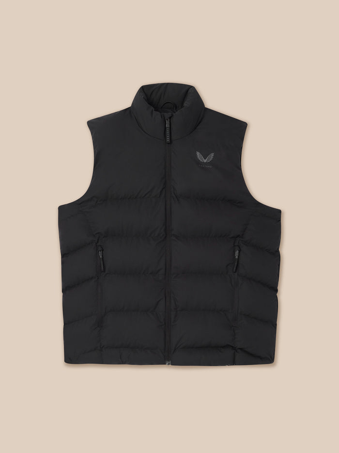 Black heavyweight padded gilet with stand up collar front zip and two side pockets