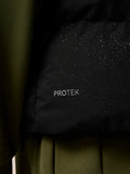 Close-up of water droplets on a black padded gilet with PROTEK branding.