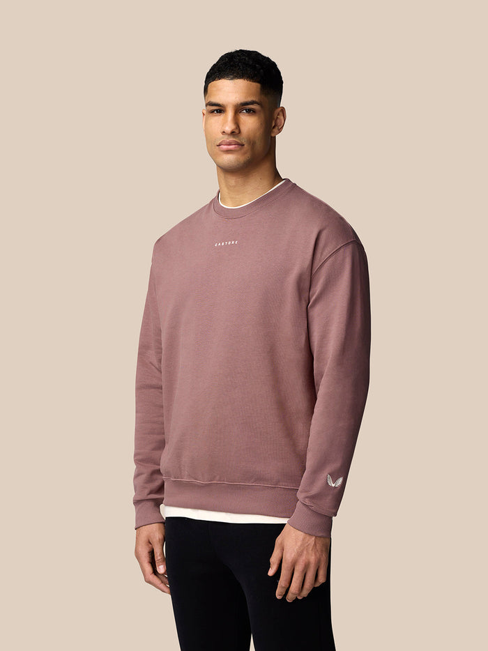 Male model wearing mauve Adapt Lifestyle Sweatshirt with oversized relaxed fit and front logo