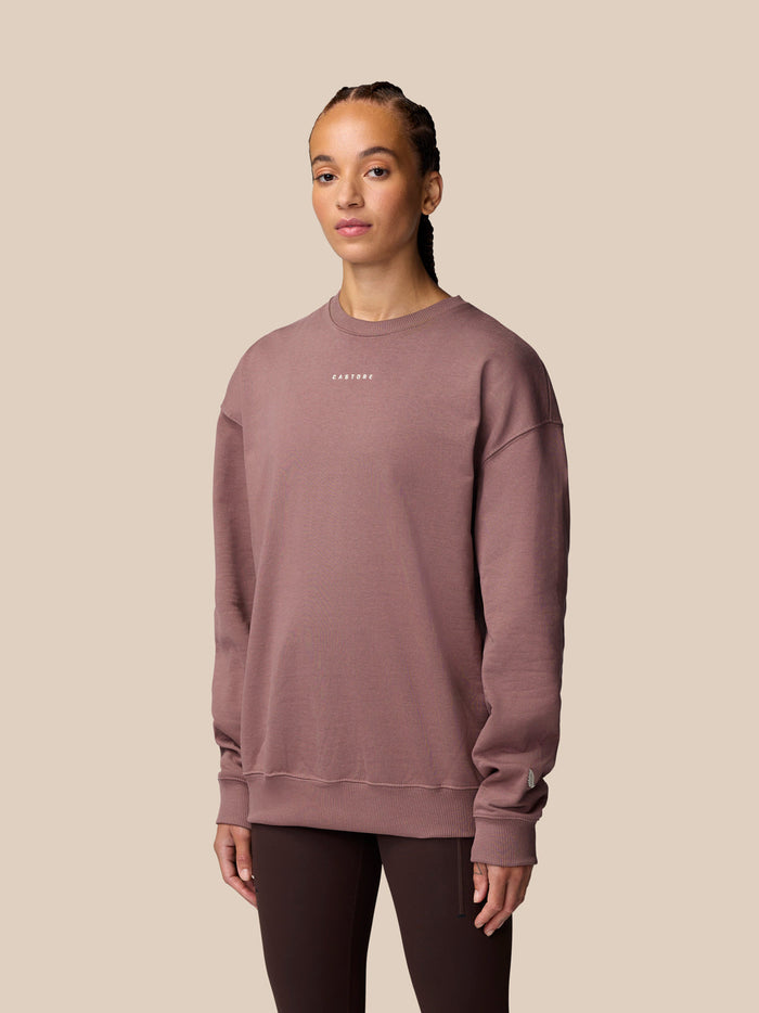 Model wearing Adapt Lifestyle Sweatshirt Mauve, oversized 100% cotton crewneck with chest logo and wings on left sleeve.