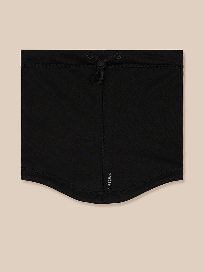 Unisex black core snood laid flat with a drawstring closure and Protek branding along the hem