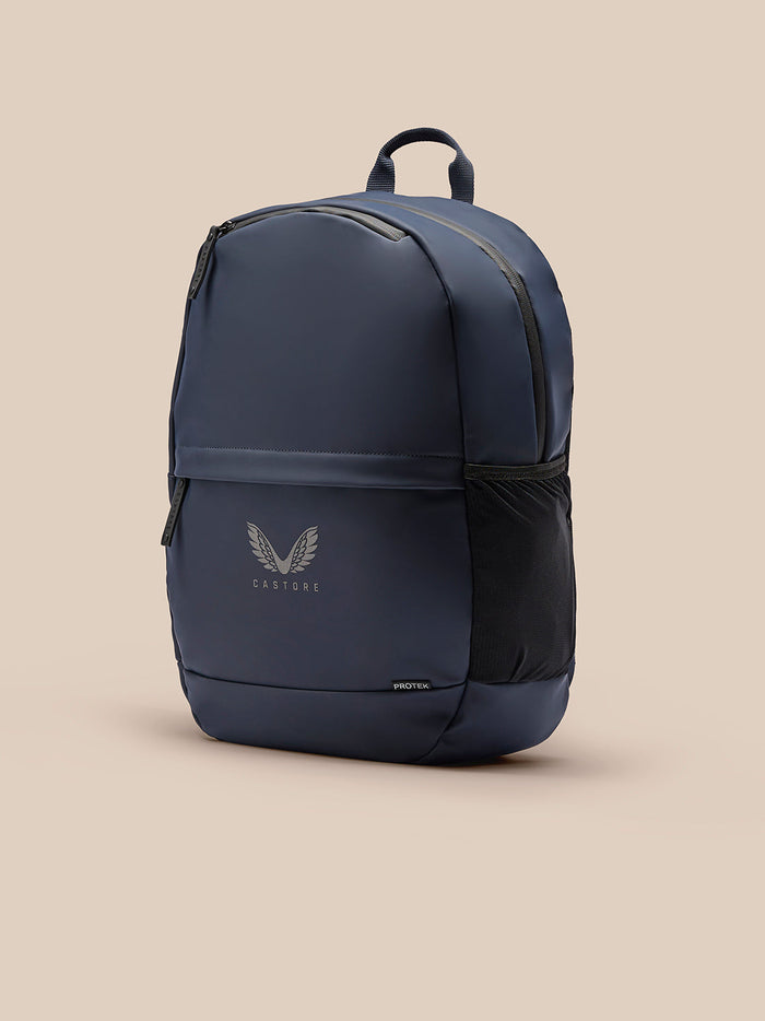 Navy compact backpack with front pocket and side mesh pocket