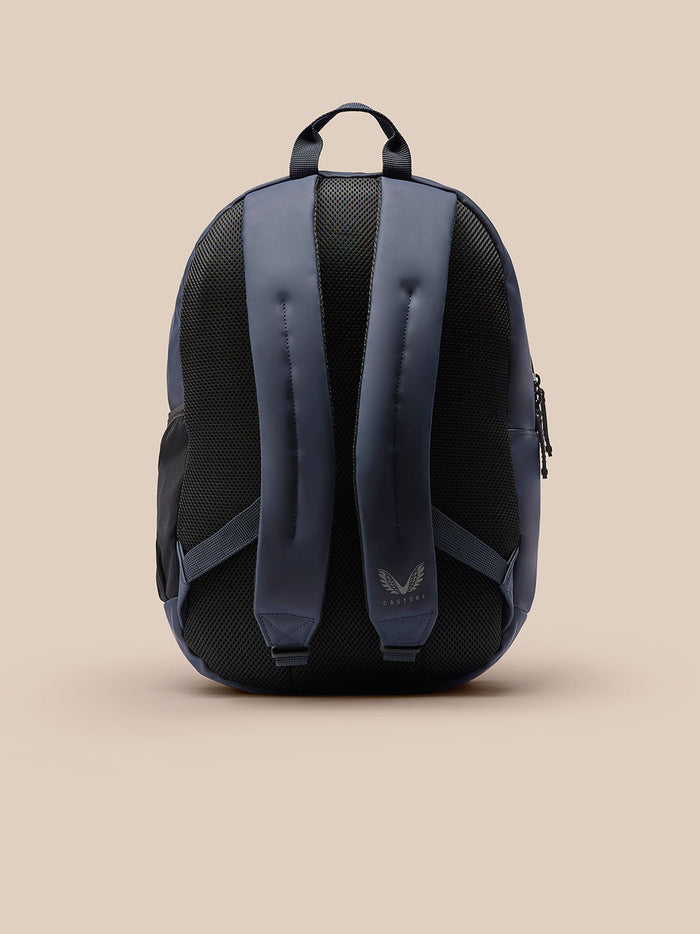 Back view of navy Active Small Backpack with padded shoulder straps and breathable mesh back panel