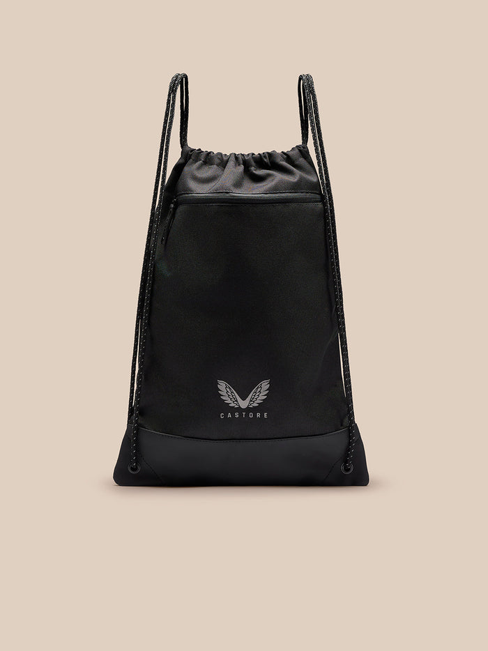 Front view of black Active Training Gymsack with Castore logo near bottom and two drawstrings.