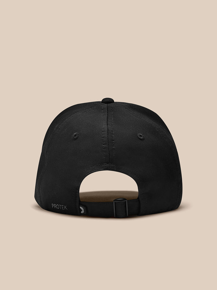 Rear view of black nylon cap with adjustable back strap and Protek branding