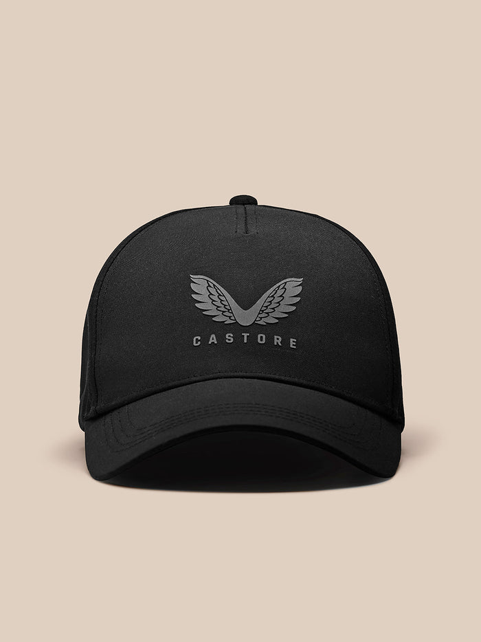 Front view of black cap with centered Castore logo emblem
