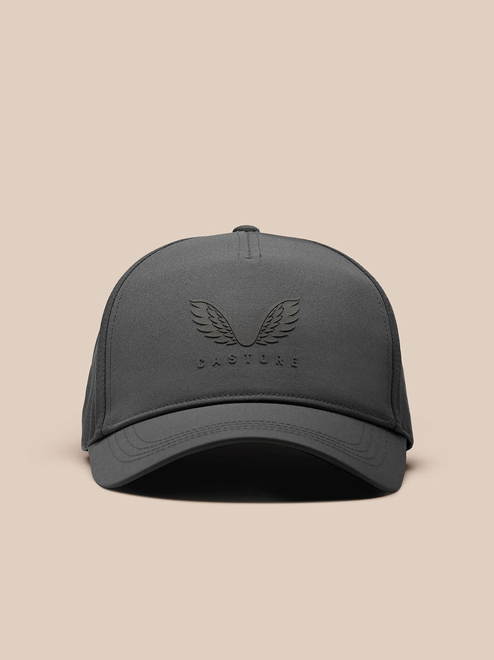 Front view of gunmetal cap with embossed winged logo and Castore branding.