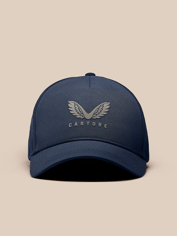 Navy cap facing forward with a large winged Castore logo on the front