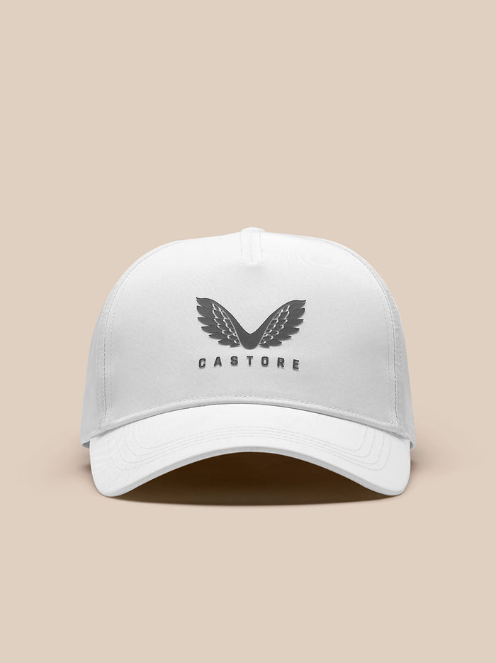 Front view of white nylon cap with Castore branding on the front.