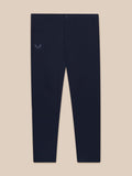 Midnight navy men's golf trousers laid flat showing front pockets and Castore logo on left thigh