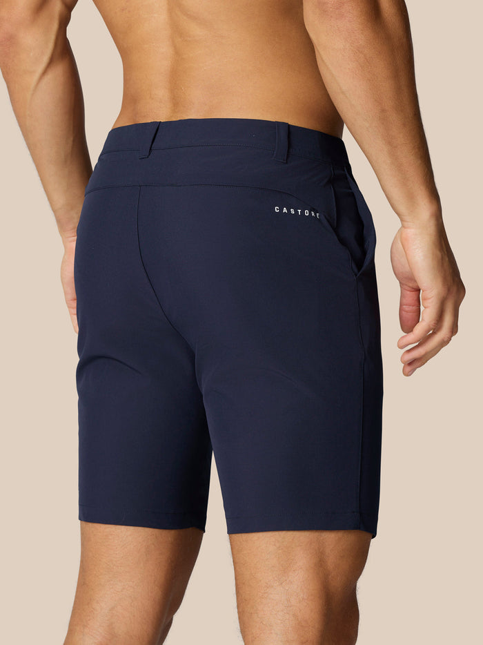 Back view of navy golf shorts showing Castore branding on the right rear