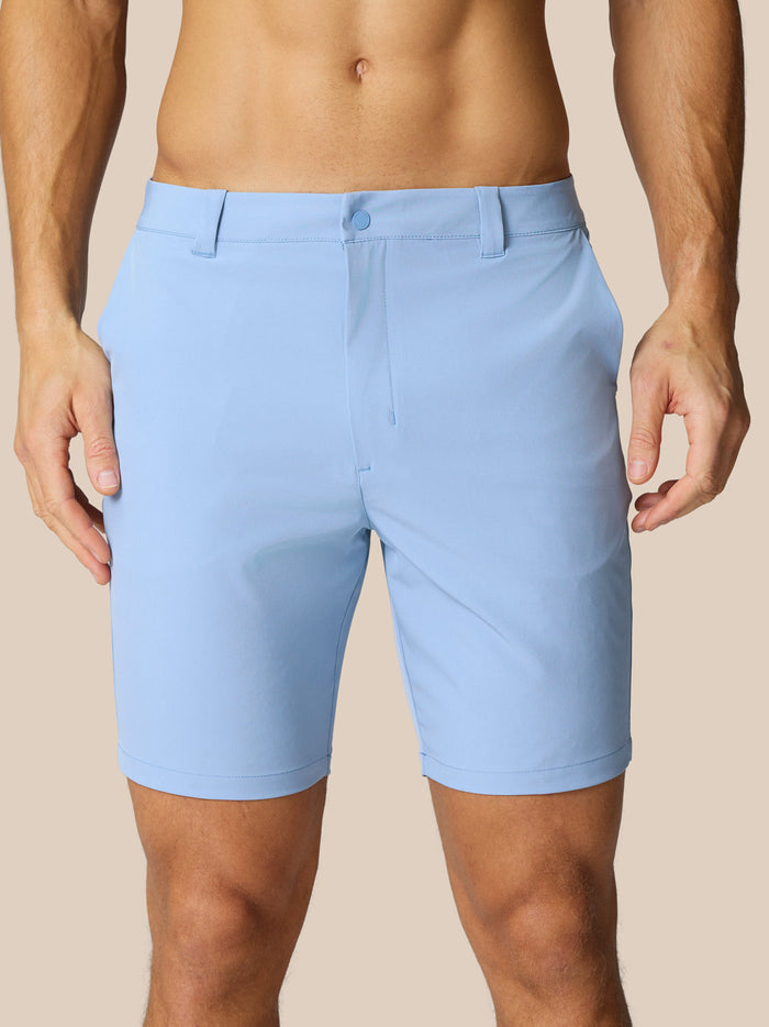 Front view of sky blue Golf Shorts with belt loops and side pockets