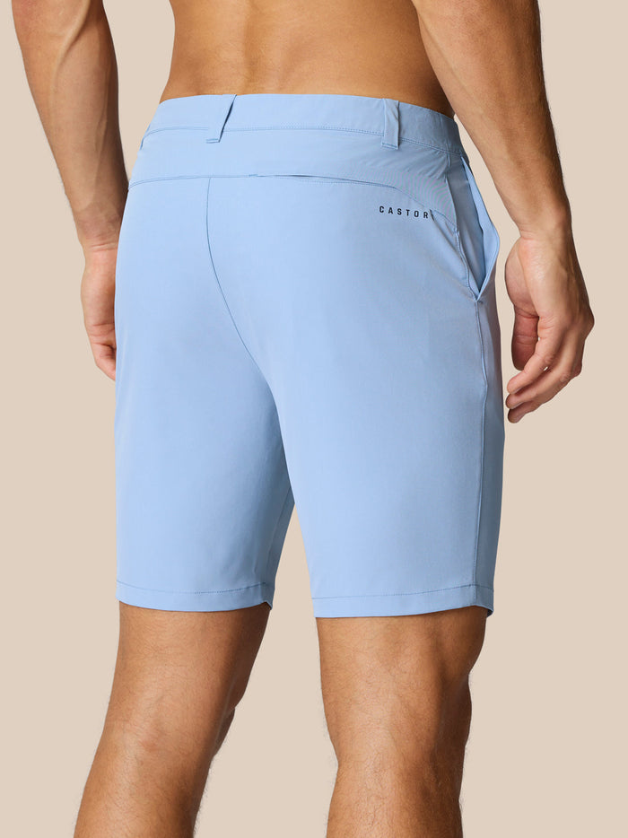Back view of sky blue Golf Shorts with rear pocket and Castore branding