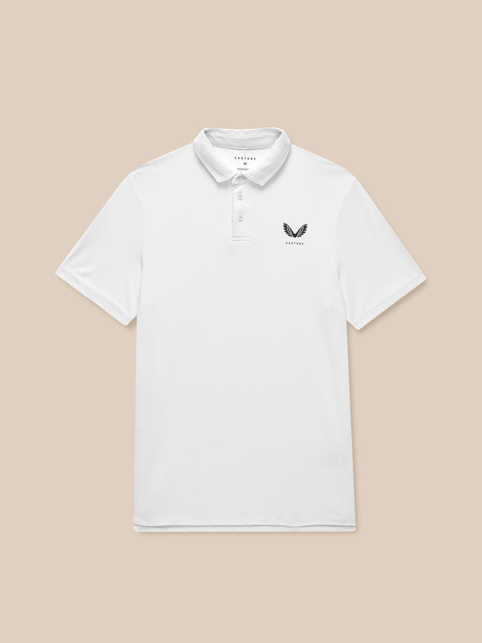 White golf polo shirt with three-button placket and Castore logo on left chest