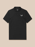 Close-up of a black striped Pinnacle Polo showing the collar and chest logo