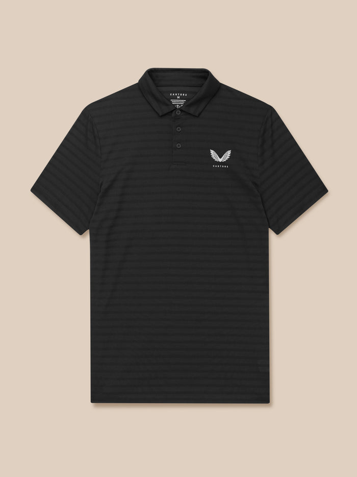 Close-up of a black striped Pinnacle Polo showing the collar and chest logo