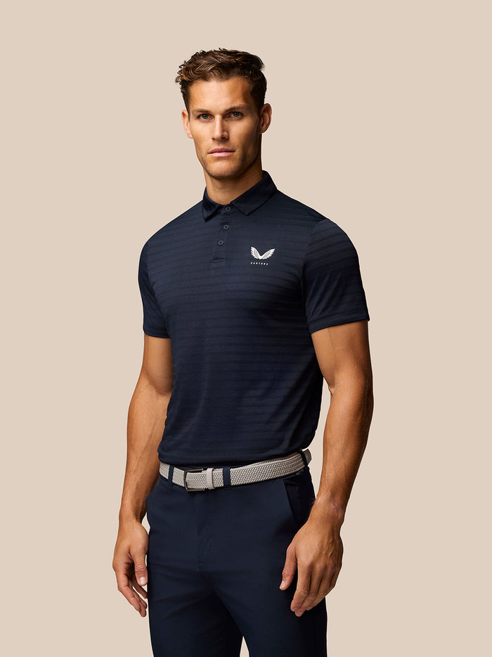 Navy Pinnacle Stripe Polo with short sleeves and three-button placket, all over stripes and Castore logo on the left chest