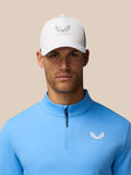 Close up of blue Golf Club Classic 1/4 Zip Top showing Castore logo on left chest.