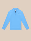 Close up of light blue Golf Club Classic 1/4 Zip Top showing left chest logo and front zip