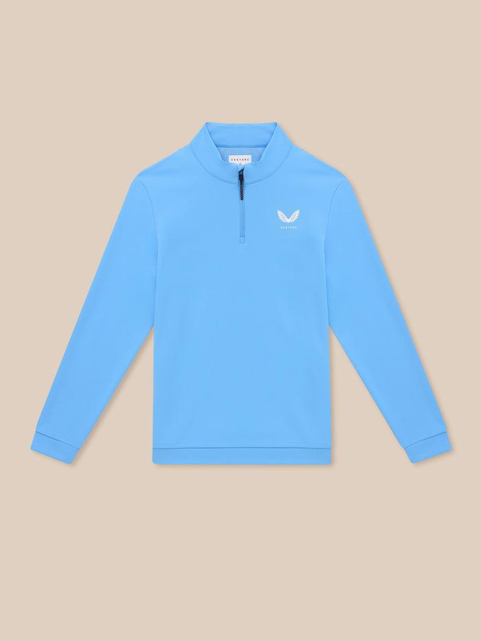 Close up of light blue Golf Club Classic 1/4 Zip Top showing left chest logo and front zip