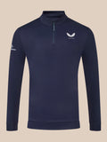 Close-up of navy Golf Club Classic top with quarter zip chest logo and sleeve branding